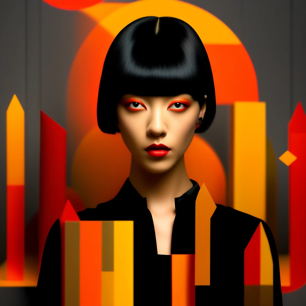 a woman with short black hair and red lips is captured in a close-up shot, standing in front of a backdrop of geometric shapes and figures. she's dressed in a black suit jacket, adorned with orange and yellow geometric patterns. her arms are bent at the elbows, and she's holding her hands in a relaxed gesture. the backdrop is a dark gray wall, punctuated by a series of geometric shapes in varying shades of orange, yellow, and red.