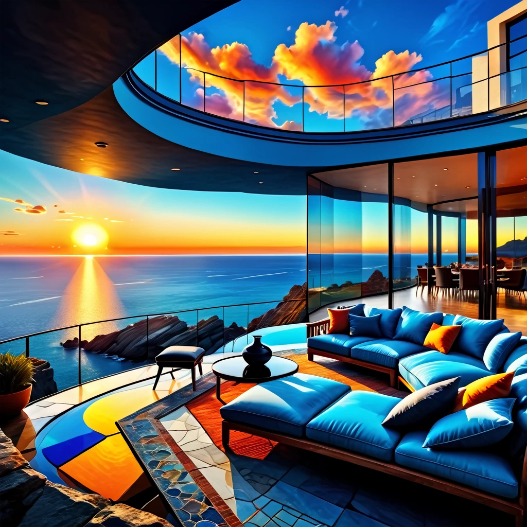 a huge house on a rocky cliff with a giant balcony around the house the balcony is over clearblue water you can see trough giant glass windows inside is furniture and outside also
The focus is on the ceiling with the beautiful sunset sky,(sharp focus:1.2),DOF, geometric patterns, intricately detailed, perfectly balanced, deep fine edges, artistic photorealism,photorealism, vivid colors,, 8K, UHD, many details, extreme detailed, full of details, BadDream,, Jed-Splash,    <lora:ColourfullSplashStyle:0.5>