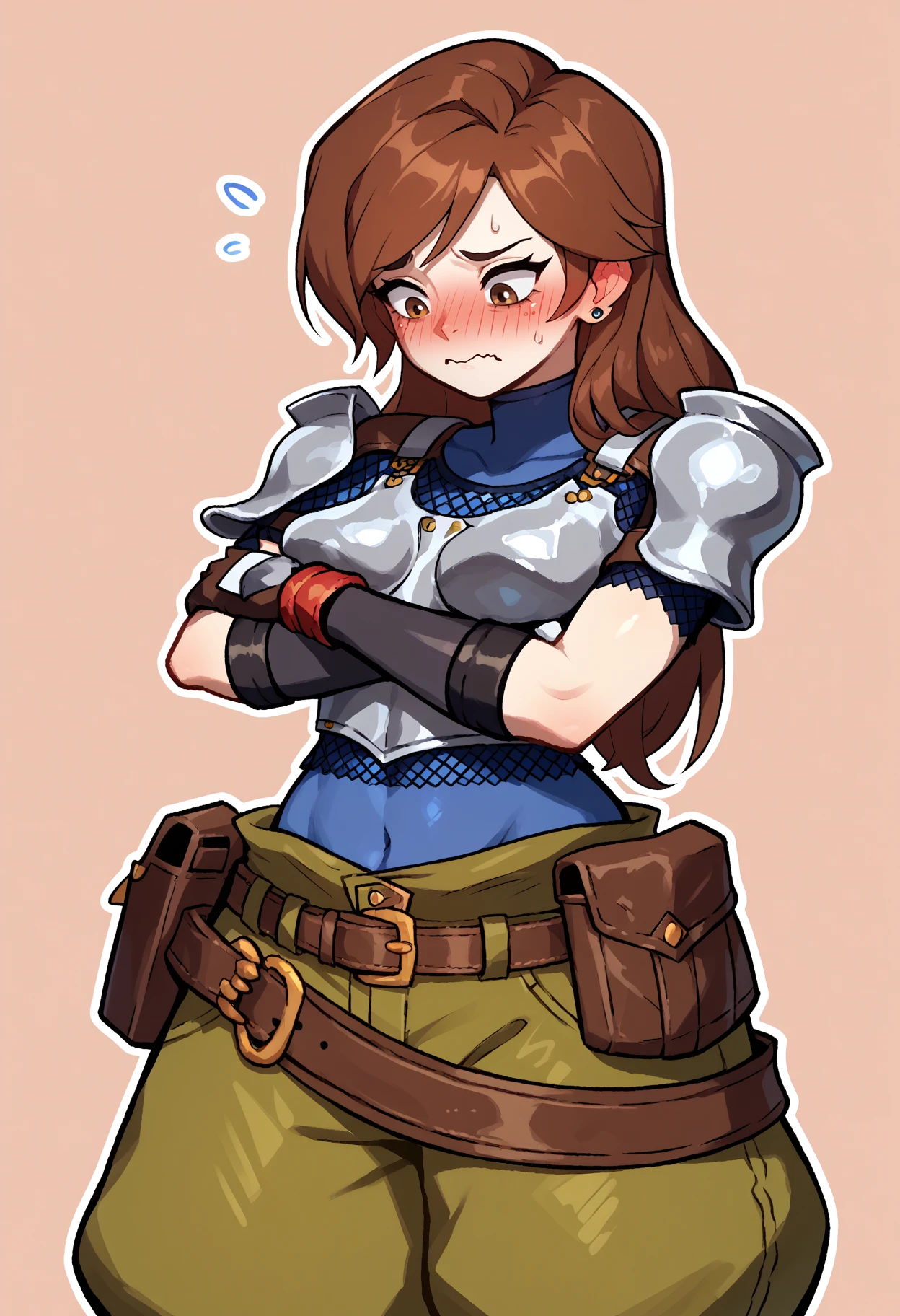 score_9, score_8_up, score_7_up, 1girl, solo, JessieFF7, brown hair, brown eyes, hair down, swept bangs, long hair, blue bodysuit, armor, chainmail, short sleeves, elbow gloves, fingerless gloves, belt pouch, green shorts, baggy shorts, stud earrings, simple background, crossed arms, arms under breasts, medium breasts, hips, looking down, covered navel, blush, embarrassed, wavy mouth, closed mouth, outline, looking away, <lora:jessieff7-ponyxl-beta3-08:1.0>