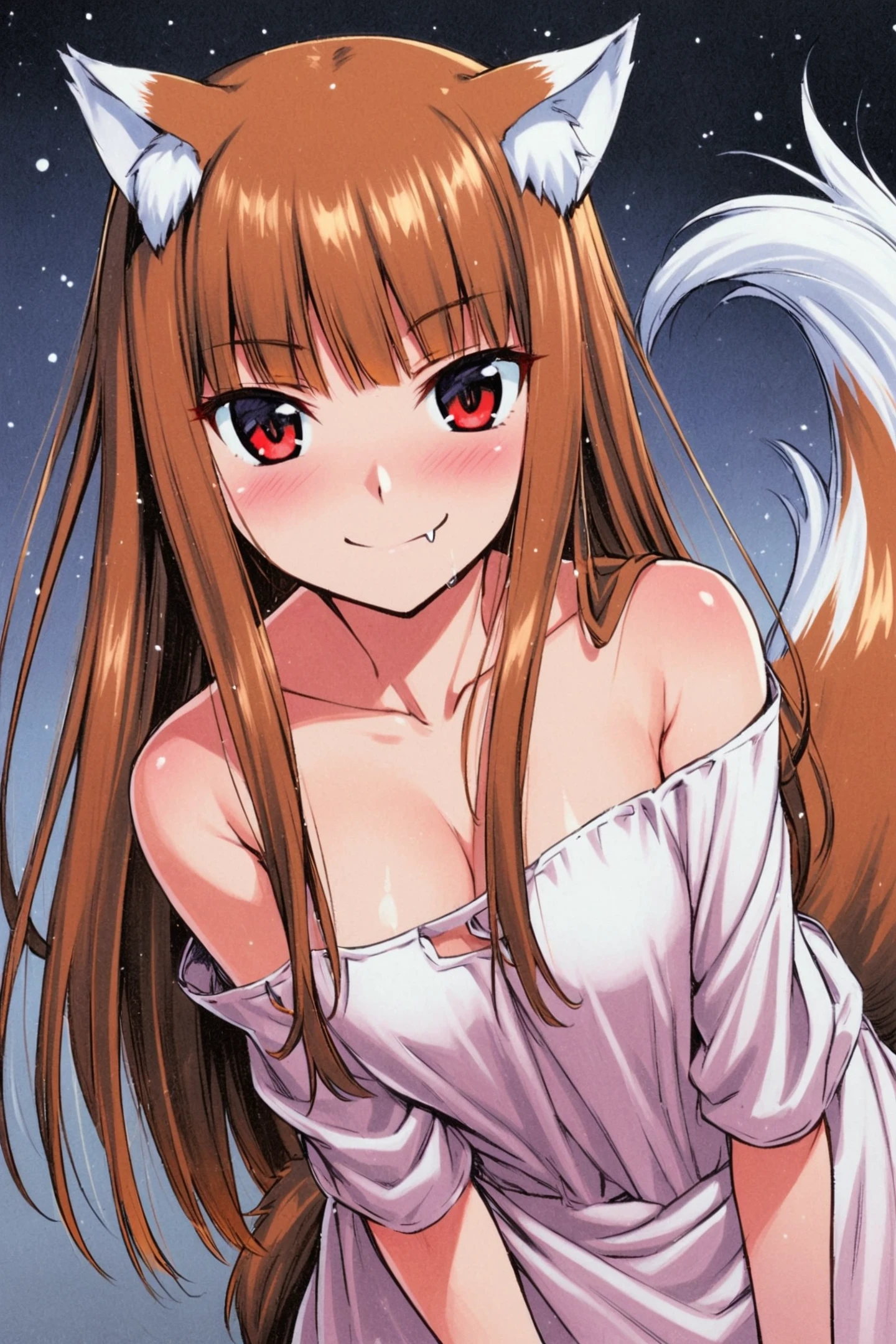 1girl,tail,animal ears,solo,holo,wolf tail,long hair,wolf ears,fang,wolf girl,white dress,red eyes,brown hair,smile,breasts,looking at viewer,collarbone,bare shoulders,off-shoulder dress,cleavage,fang out,blush,bangs,off shoulder,shiny,closed mouth,small breasts,traditional media,<lora:Koume Keito_XL:0.8>,