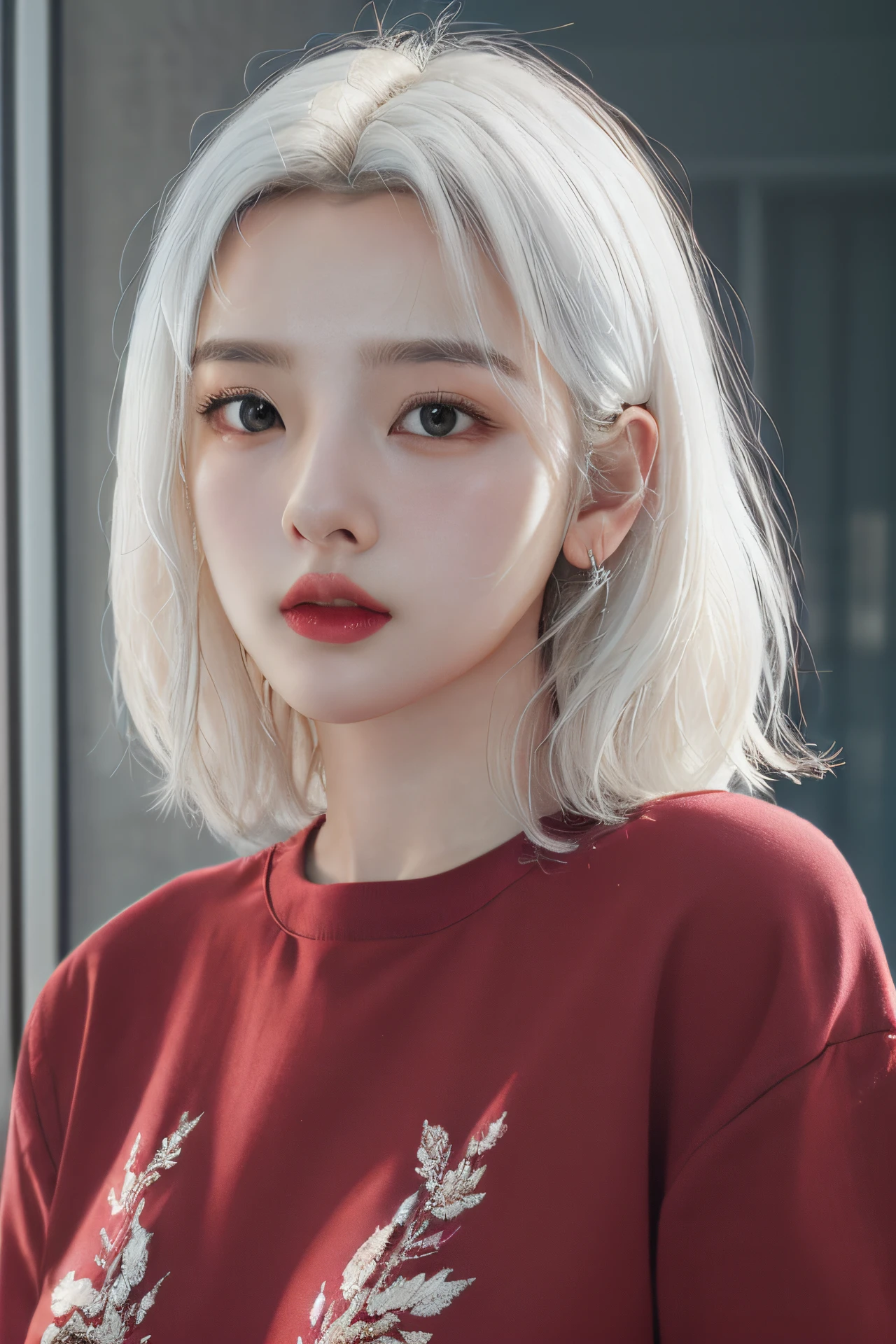 (4k, best quality, highres, absurdres, masterpiece:1.21), (realistic:1.331), detailed and intricate,
1girl, white hair, red shirt, <lora:girlslike_szer1:0.7>