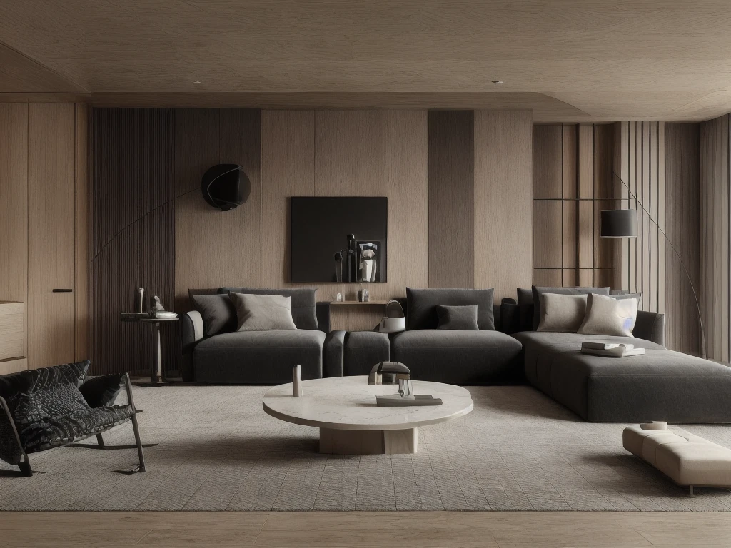 a living room with a couch, chair, coffee table and a rug on the floor and a window, muted colors, a 3D render, light and space,Dark style,Marble elements in the background