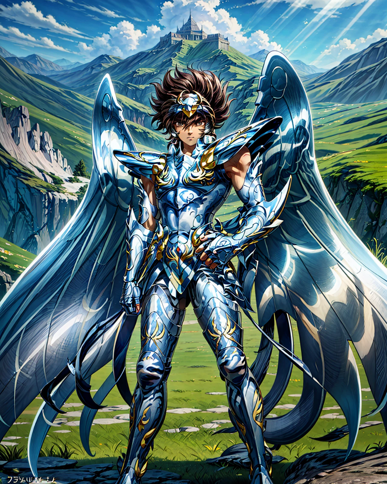 masterpiece, best quality, highres, solo,  saint seiya,detailed background,waterfall,armor, <lora:more_details:0.7>,outdoor ,<lora:seiya:0.9>,god cloth,wings,full body,light rays