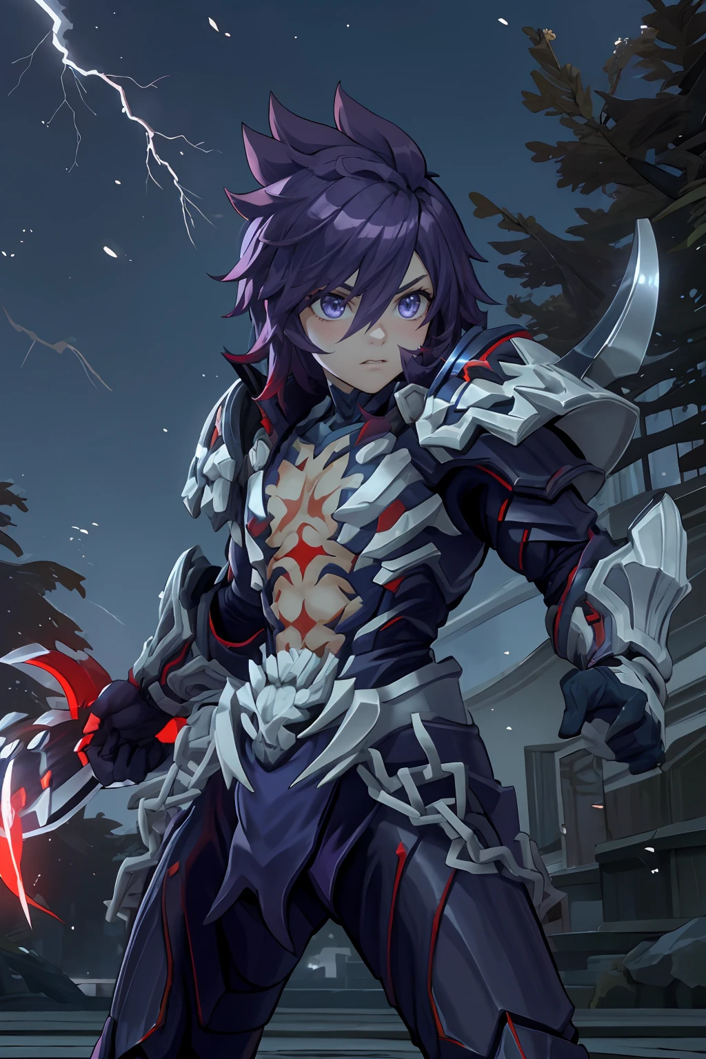 masterpiece, best quality, ultra-detailed, 1boy, solo, thanatos_rom, beautiful, fierce, agony, fighting stance, holding sword, purple aura, cowboy shot, looking at viewer, light particles, lightning, Chill of twilight theme, vivid colors, dark and magical atmosphere,
<lora:thanatos_rom_v2:0.8>, <lora:add_detail:0.5>