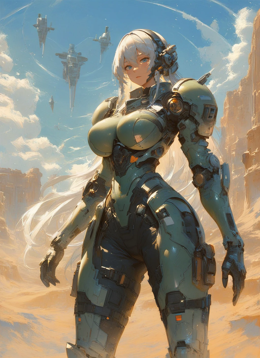 score_9, score_8_up, score_7_up, highly detailed, painting, girl, large breasts, dark green armor, long white hair, looking at viewer, standing, mcnm, massive spaceship, desert, rating_questionable, BREAK best quality, masterpiece, e621, digital_art <lora:Mechanism-pdxl-1:0.75>