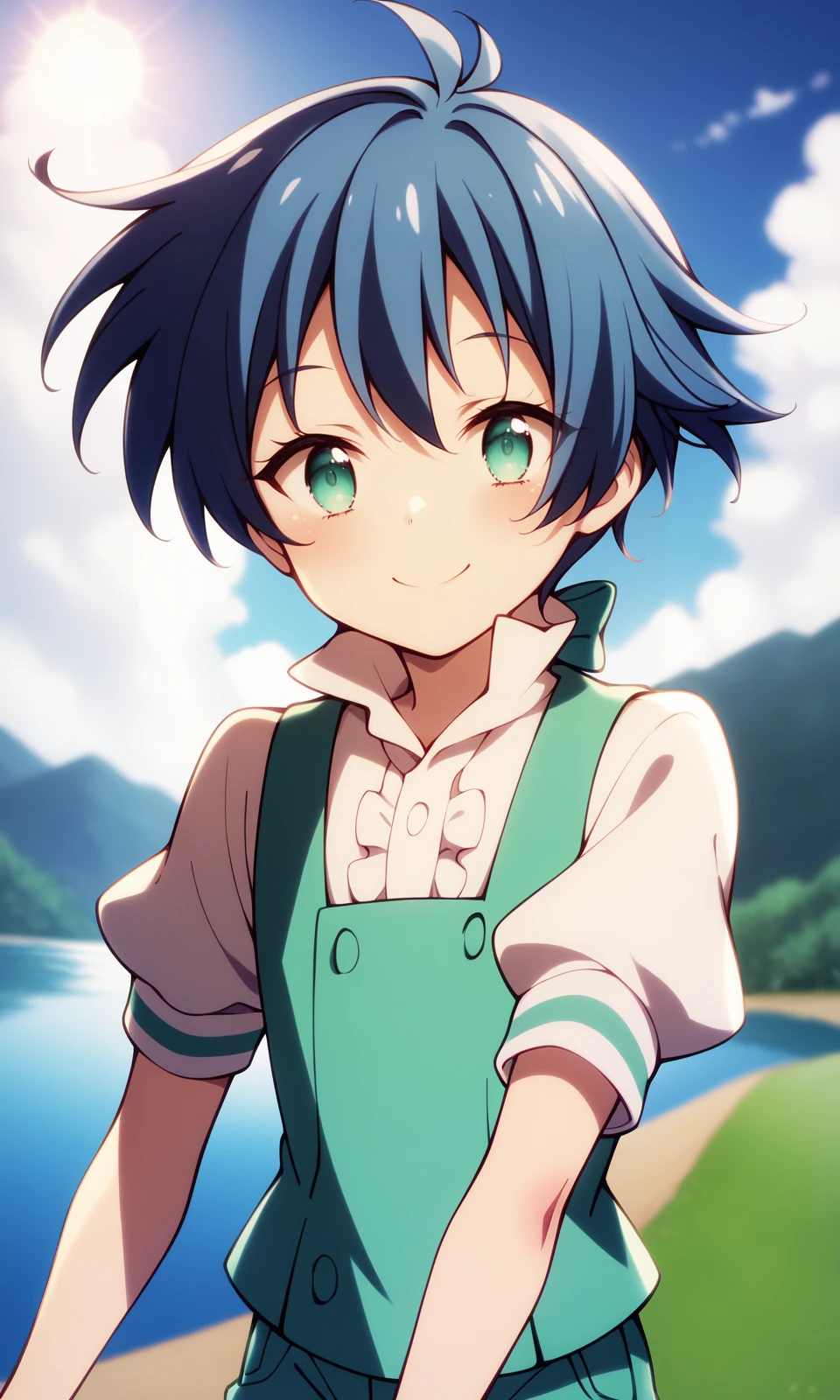 score_9, score_8_up, BREAK
solo, 1boy, lloyd, aqua eyes, blue hair, short hair, 
green vest, white shirt, puffy short sleeves, green short shorts, 
looking at viewer, smile, =), upper body, 
outdoors, lake, sun, clouds, sky, 
<lora:LloydDeSaloum_Pony:1>