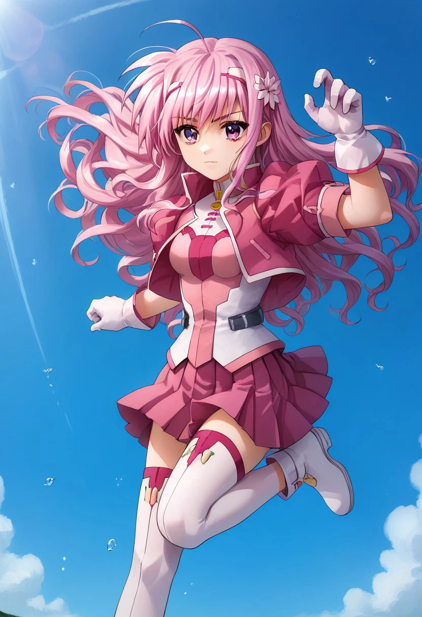 score_9, score_8_up, score_7_up, source_anime, good anatomy, solo, 1girl, kyrie florian, pink hair, long hair, hairband, white hairband, flower, pink eyes, cropped jacket, pink jacket, puffy sleeves, short sleeves, open jacket, pink shirt, pink skirt, pleated skirt, white gloves, white thighhighs, white boots, flying kick