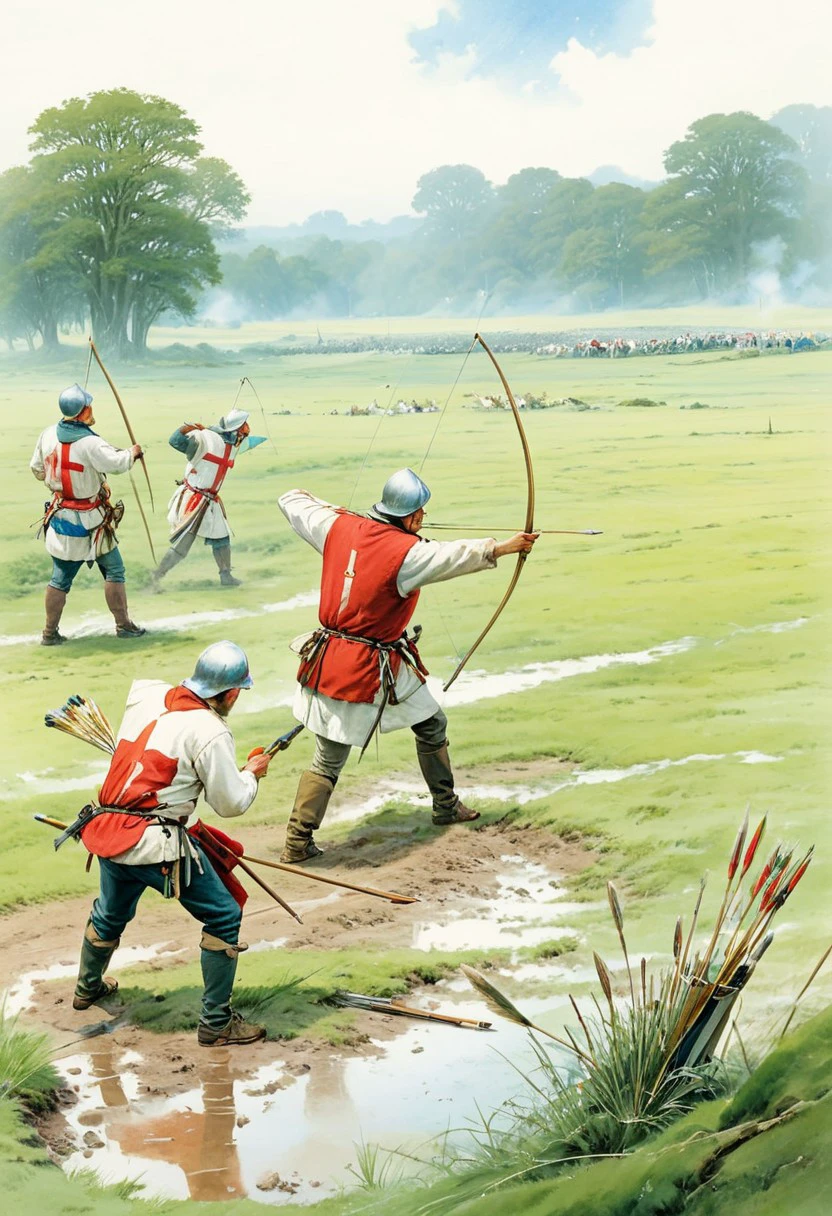 score_9, score_8_up, score_7_up, score_6_up, (solo), 1boy, score_5_up, score_4_up, three-quarter_view, (aiming_downrange:1), hyperdetailed, realistic, (medieval), (warbow:0.8), (longbow), (longbowman), (drawn bow), (drawn longbow), on a muddy battlefield, English, front, arrow_/(projectile/), (face_focus:1), standing, bowstring, belt_quiver, white gambeson, red and white tabard, drawing_bow, bow_/(weapon/), battle_spikes, grounded_arrows, historical,