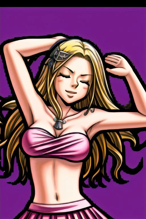 masterpiece_portrait, high quality, canvas, anime_art_style, cartoon,year 2014,isabella carrington, elite beat agents, 1girl, solo, blonde hair, long hair, arms up, bikini, swimsuit, bare shoulders, closed eyes, upper body,midriff, navel,skirt,dancing<lora:Isabella_Carrington_Elite_Beat_Agents:1><lora:add_detail:0.6>  <lora:pytorch_lora_weights:0.4>