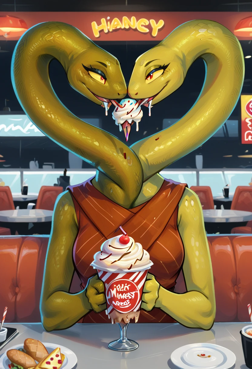 score_9, score_8_up, score_8,    <lora:Life_Adventure_Time_for_PonyXL:0.8> 1girl, l1fe, snake girl, conjoined, multi head, solo, diner, restaurant, eating ice cream,