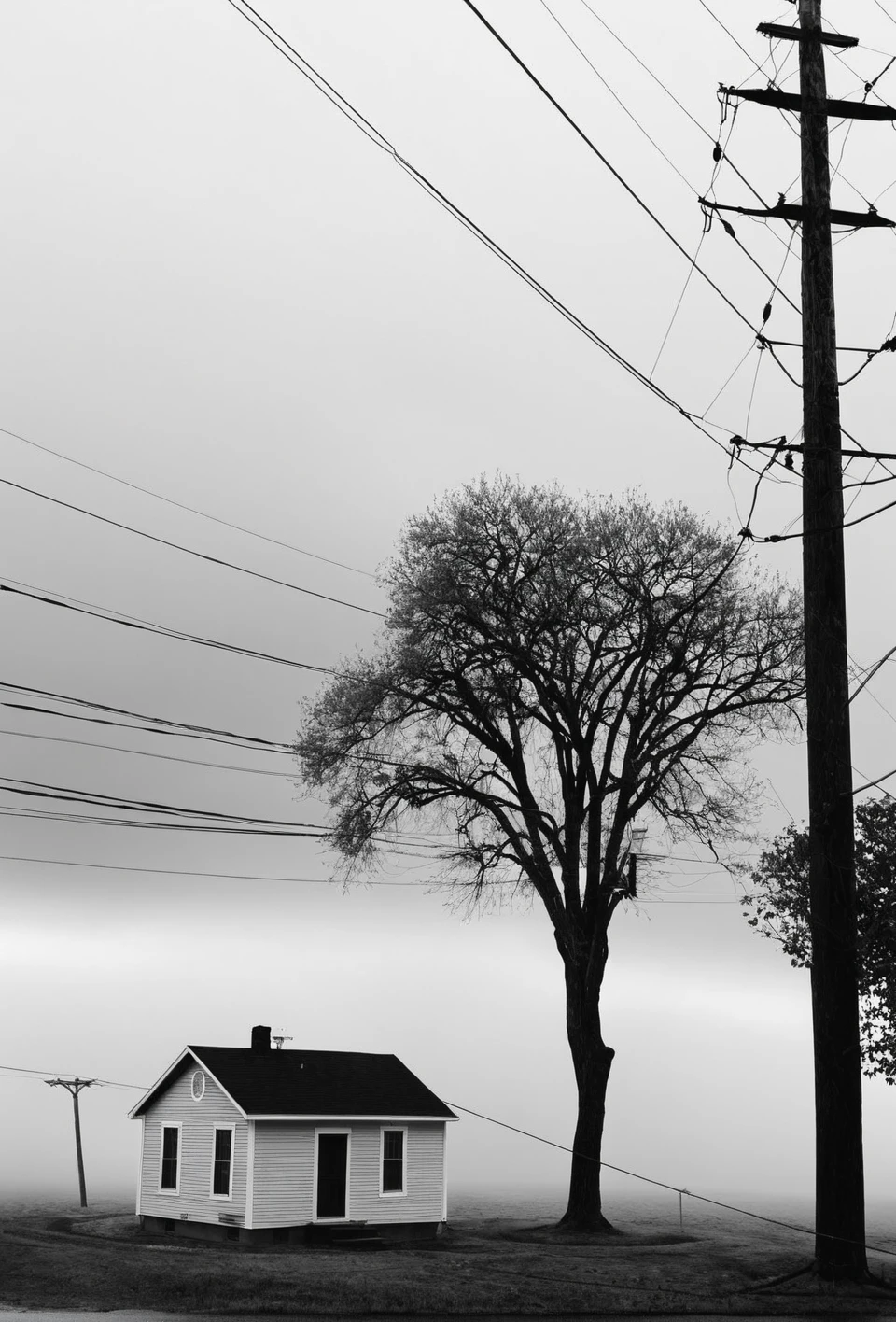 Gray,Monochrome,black-and-white photograph,,black-and-white photograph,greyscale,monochrome,no humans,tree,scenery,outdoors,house,power lines,building,utility pole,grass,cloud,sky,water,nature,fog,<lora:add_detail:1>