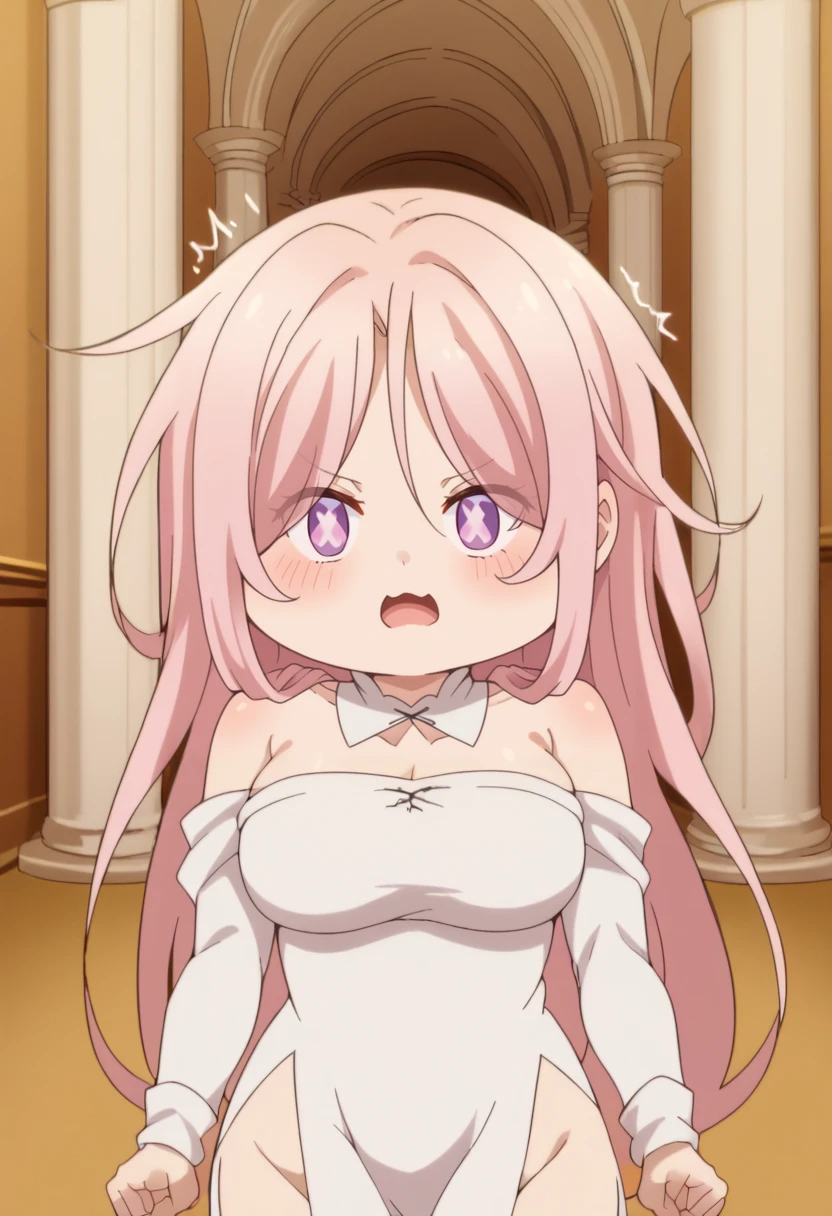 score_9, score_8_up, score_7_up, source_anime BREAK looking at viewer, cowboy shot,
<lora:TaliaDwnstyPdxl:0.8>, talia_def, purple eyes, pink hair, long hair, hair over one eyes, white dress, side slit, parted bangs, detached collar, white dress, long sleeves, bare shoulders, side slit,
breasts, angry, hand up, clenched hand, ^^^, open mouth,
indoors, hallway, pillar, castle,
<lora:7thPrinzIsekaiDwnstyArtstyle:1> , <lora:7thprinceChibiDwnsty-000008:1>, chibi, 7thprincechibi, no humans, no pupils, jitome,