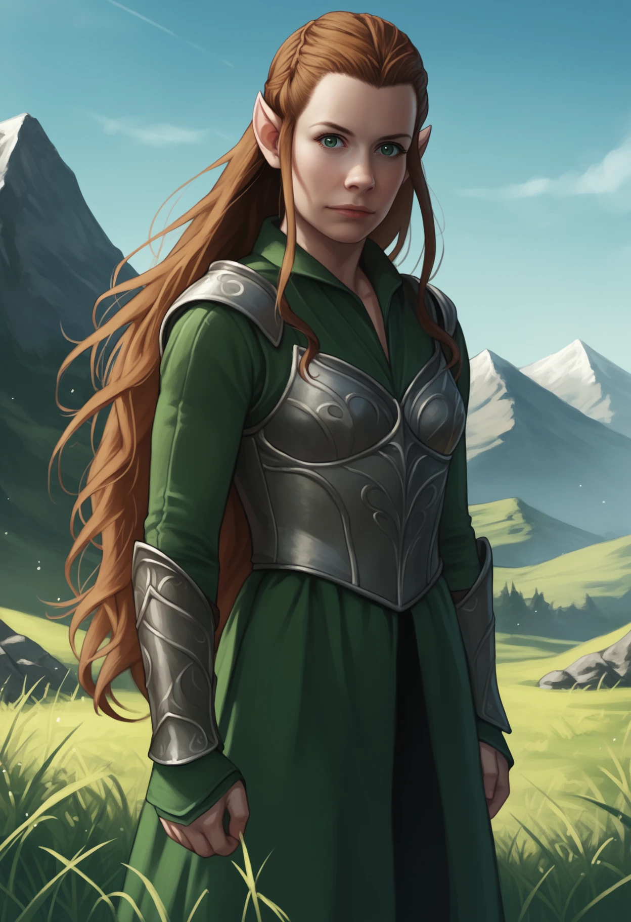 score_9, score_8_up, score_7_up, BREAK, d3t41l3d,
1girl, tauriel, brown hair, long hair, pointy ears, green eyes,
armor,
standing, looking at viewer, solo, grass, blue sky, mountains background  <lora:TaurielXL:1> <lora:d3t41l3dXLP:0.6>