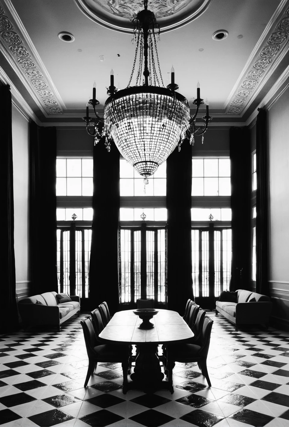 Gray,Monochrome,(black-and-white photograph:1.5),,,Black and white photos,Monochrome,grayscale,unmanned,chandelier,interior,landscape,chairs,plaid floors,windows,stairs,tile floors,tables,dark,retro gorgeous western architecture,<lora:heibaishey:0.8>,<lora:add_detail:1>