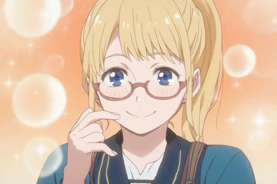 score_9, score_8_up, score_7_up, score_6_up, source_anime, extremely detailed BREAK 
1girl, blonde, ponytail, blue eyes, glasses, smile
BREAK
 <lora:Shoujo_Bubbles:1> (orange:1.4), sh0jo_bubbles