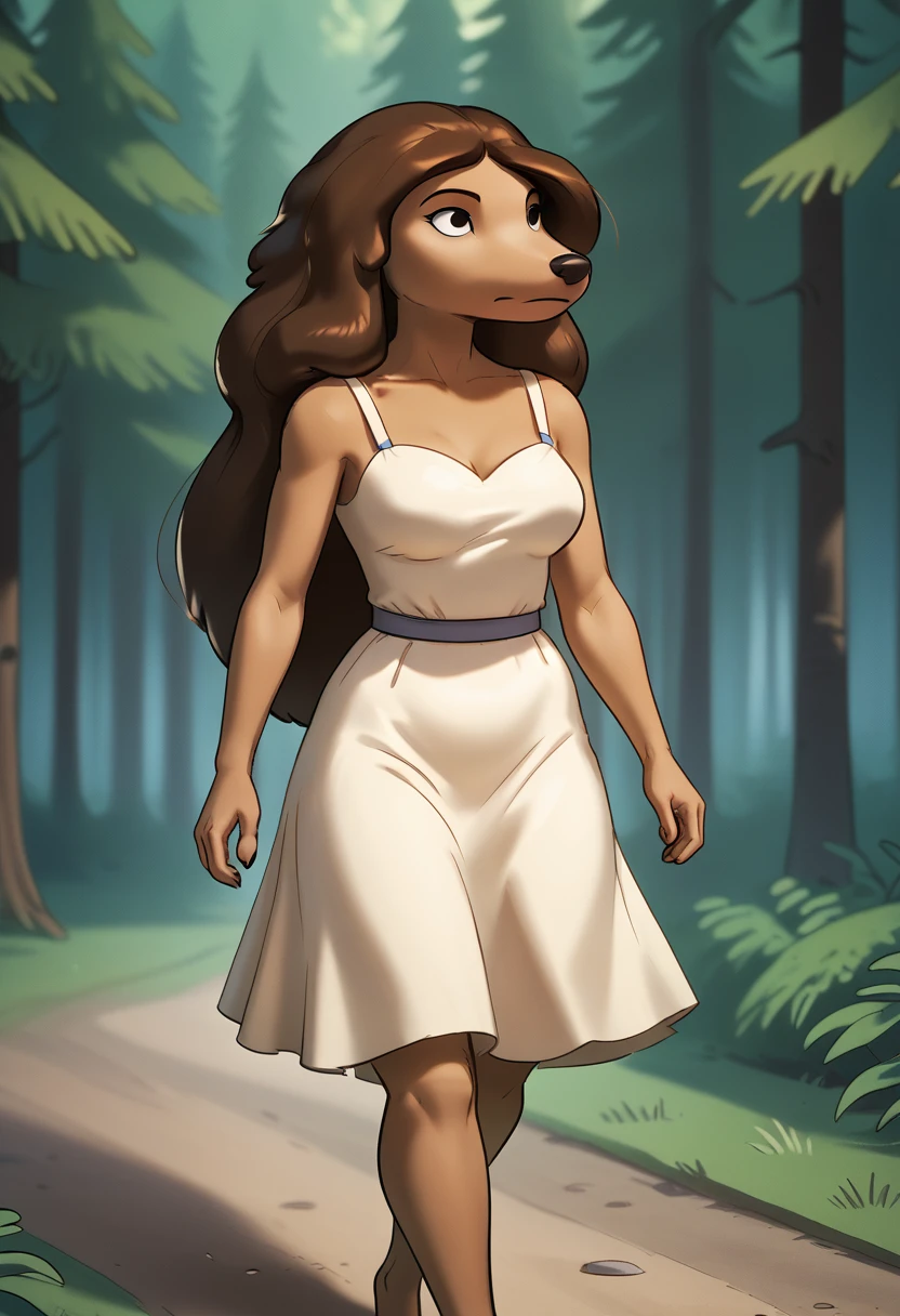 score_9, score_8_up, score_8,  <lora:Samantha_the_Dog_Adventure_Time_for_PonyXL:0.8>  1girl, long hair, dog girl, dress, s4manth4, solo, brown hair, furry female, solo, walking, forest,