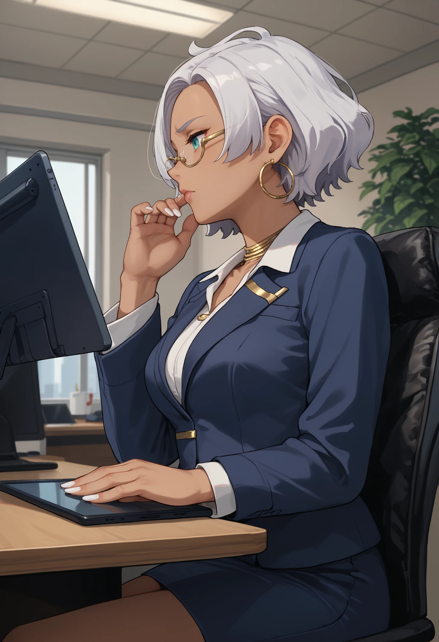 score_9, score_8_up, score_7_up, 1girl, solo, seciDo, dark skin, dark-skinned female, aqua eyes, silver hair, short hair, forehead, white nails, large breasts,
seceBui, gold jewelry, hoop earrings, necklace, blue blazer, white shirt, collared shirt, long sleeves, blue skirt, pencil skirt,  
looking down, looking at tablet, holding tablet, hand up, adjusting eyewear, from side, sitting, office chair, desk,
indoors, office, sci-fi, science fiction, 
<lora:SeceliaDotePDXL_V1-Manityro-CAME:1.0>,