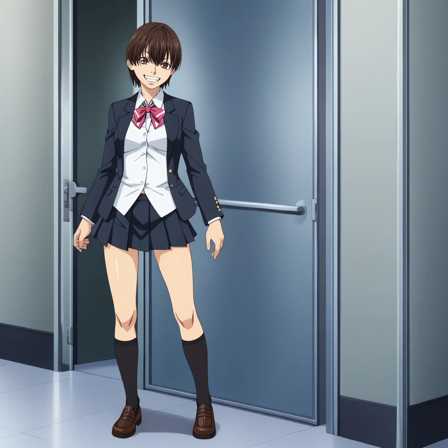 <lora:ShihoChiroyamaXLpony001>,
grin,
solo,
ShihoChiroyama,1girl,black brown hair,short hair,brown eyes,
school_uniform,blazer,white shirt,
pleated_skirt,black skirt,
full body,standing,