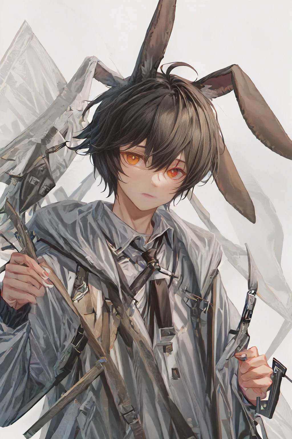 , <lora:gender_slider_v1:-1> , (masterpiece, top quality, best quality, ) 1boy, solo, (male focus) ,   <lora:Ayersorape:0.8> ayersoarpe, rabbit ears, animal ears, black hair, bandaid, orange eyes