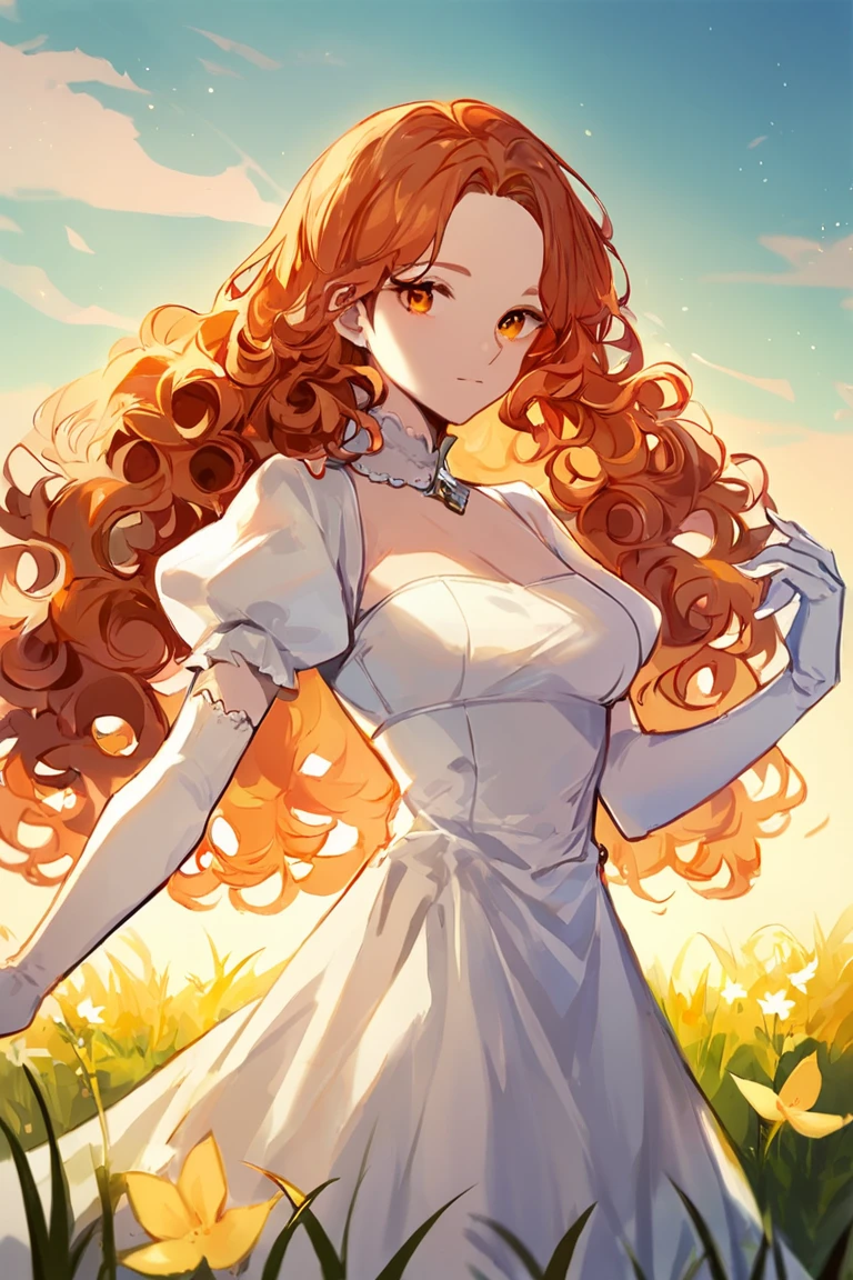 score_9, score_8_up, score_7_up, rating_safe, 1girl, solo, long hair, curly hair, wavy hair, orange hair, orange eyes, looking at viewer, breasts, dress, white dress, puffy sleeves, puffy short sleeves, short sleeves, gloves, elbow gloves, white gloves, cowboy shot, closed mouth, standing, outdoors, field, flower, grass, plant, sky <lora:Anime Style 2 SDXL_LoRA_Pony Diffusion V6 XL:0.8>