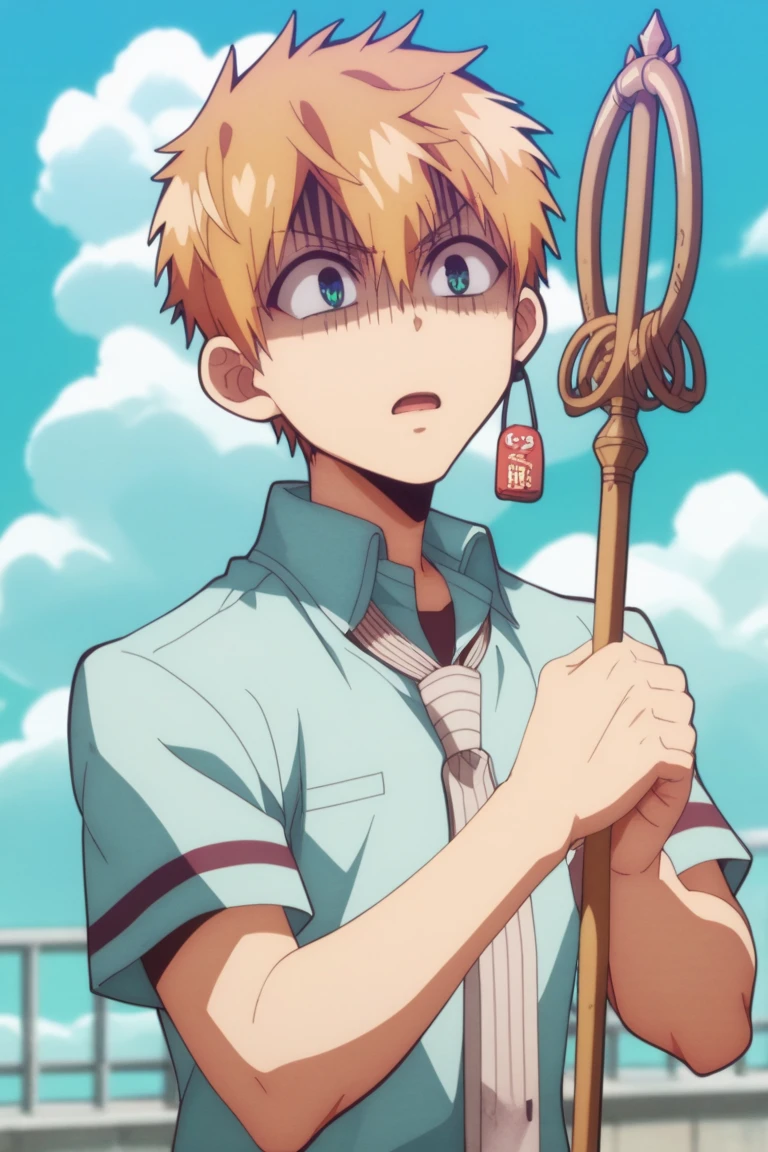 score_9, score_8_up, score_7_up, score_6_up, detailed, intricate details,cowboy shot,best quality ,source_anime, minamoto kou, blonde hair, blue eyes, earring, blue shirt, white necktie, 1boy, male focus, solo, necktie, open mouth, shaded face, sky, cloud, holding, shirt, outdoors, clenched hand, day, staff, upper body, short sleeves, blue sky, short hair, school uniform, collared shirt<lora:EMS-408937-EMS:1.000000>