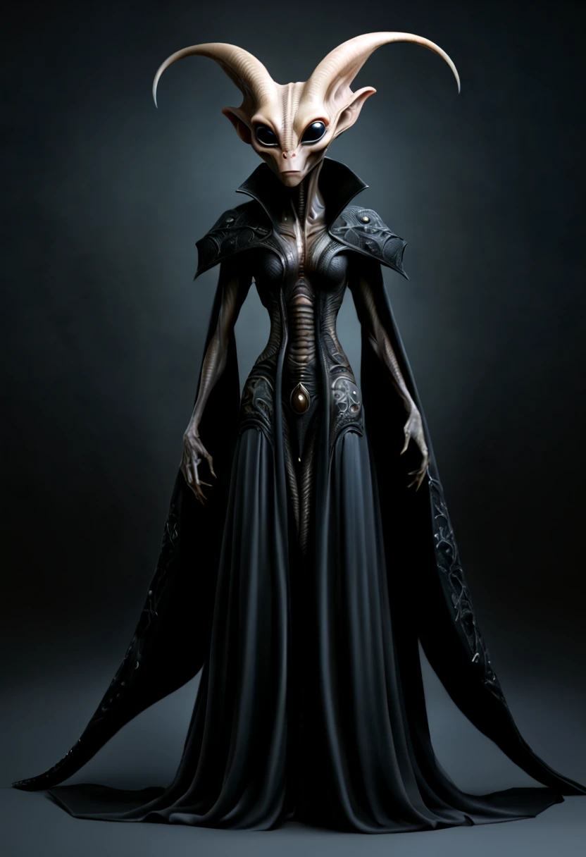 a captivating and unique artwork depicting a gothic alien creature from mythology. Render the creature with an ethereal and mysterious presence, combining elements of gothic fashion and extraterrestrial features, evoking a sense of elegance and intrigue in a realistic and detailed manner