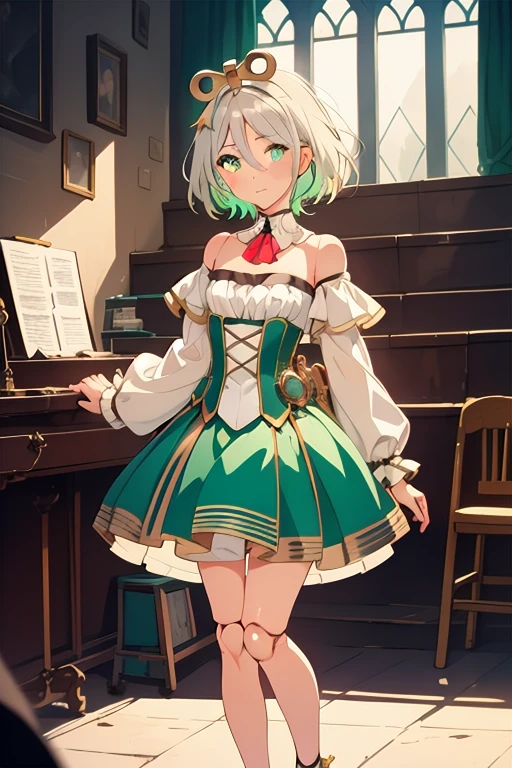 (masterpiece, best quality, high quality:1.2),illustration, cinematic lighting, godrays, light beams, <lora:CeciliaImmergreen v1.0:0.8> ceciliaimmergreen, 1girl, solo, short hair, bare shoulders, green eyes, upper body, white hair, braid, multicolored hair, green hair, detached collar, joints, doll joints, green dress, musical note, flat chest, white sleeves, puffy sleeves, wrist cuffs, gold cuffs, translucent dress, layered sleeves, corset, red ascot, choker, white choker, hairband, gold hairband, blue hair, messy hair, gears, tailcoat, anklet, sandals, brown footwear, high heeled sandals, bare legs, gold trim, aqua eyes, hair between eyes, bloomers, white topwear, puffy dress, full body, workshop, gears, steampunk,