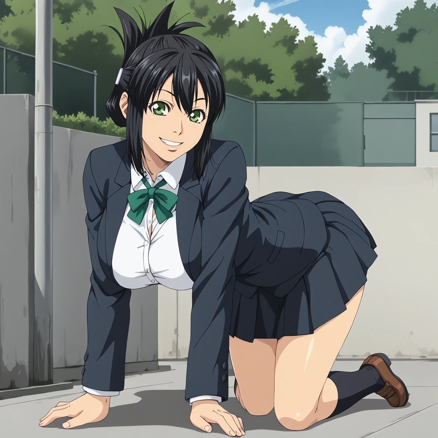 <lora:SakiTakanashiXLpony001>,
smile,
solo,
SakiTakanashi,1girl,black hair,folded ponytail,green eyes,
large breasts,
school_uniform,blazer,white shirt,
pleated_skirt,black skirt,
outdoors,
full body,all fours,