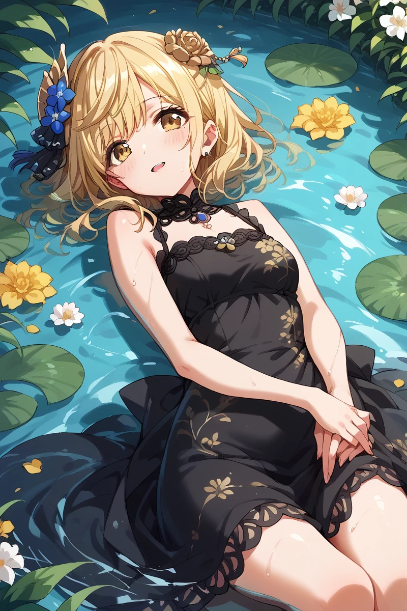 score_9, score_8_up, score_7_up, score_6_up, 1girl,
 <lora:Tsukimiyama_Nagisa:0.9> nagisa, blonde hair, yellow eyes, on back, water, flowers, hair ornament, silk black dress,