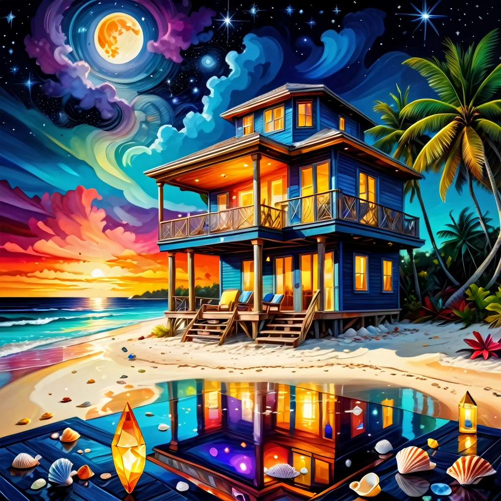 a colored  painting of a beach house at night on a Caribbean sandy beach covered in shells of different colors with crystal clear water. In front of the beach house there is a table with 2 chairs. The table is romantically set. The sky is full of stars and the picture is illuminated by the moonlight at the entrance There are 2 torches in the beach house that illuminate the table,(sharp focus:1.2),DOF, geometric patterns, intricately detailed, perfectly balanced, deep fine edges, artistic photorealism,photorealism, vivid colors,, 8K, UHD, many details, extreme detailed, full of details, BadDream, Jed-Splash,    <lora:ColourfullSplashStyle:0.5>