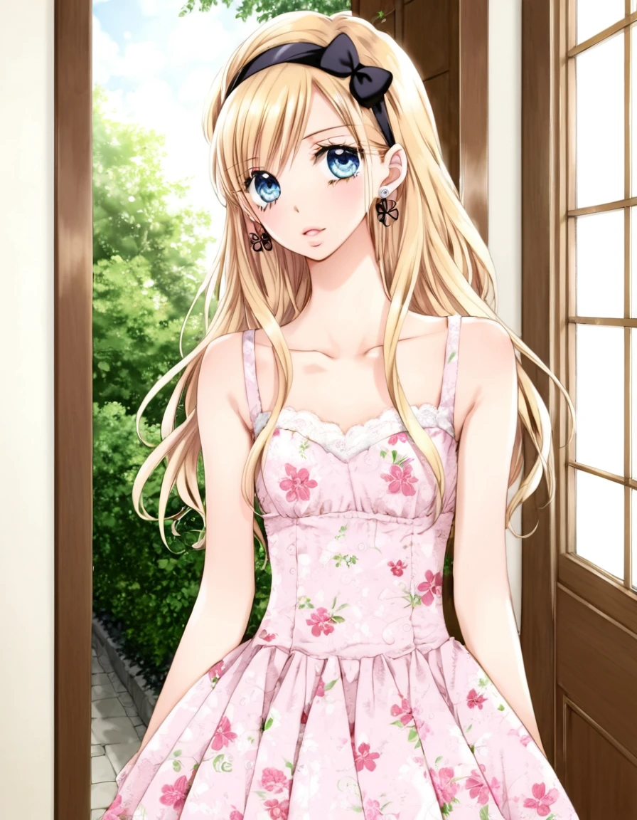 (masterpiece), (best quality), (ultra-detailed), score_9, score_8_up, teen, source_anime, En Shinohara, enshi, blond, long hair, In a sunlit garden, wearing a pastel pink lace dress with delicate floral embroidery, a matching bow headband, and white ballet flats , anime coloring, pov, detailed background, illustration, disheveled hair, detailed eyes, perfect composition, moist skin, intricate details, earrings, by wlop, score_9, score_8_up, teen, source_anime, En Shinohara, enshi, blond, long hair, In a sunlit garden, wearing a pastel pink lace dress with delicate floral embroidery, a matching bow headband, and white ballet flats, anime coloring, pov, detailed background, cozy contemporary, highly complex