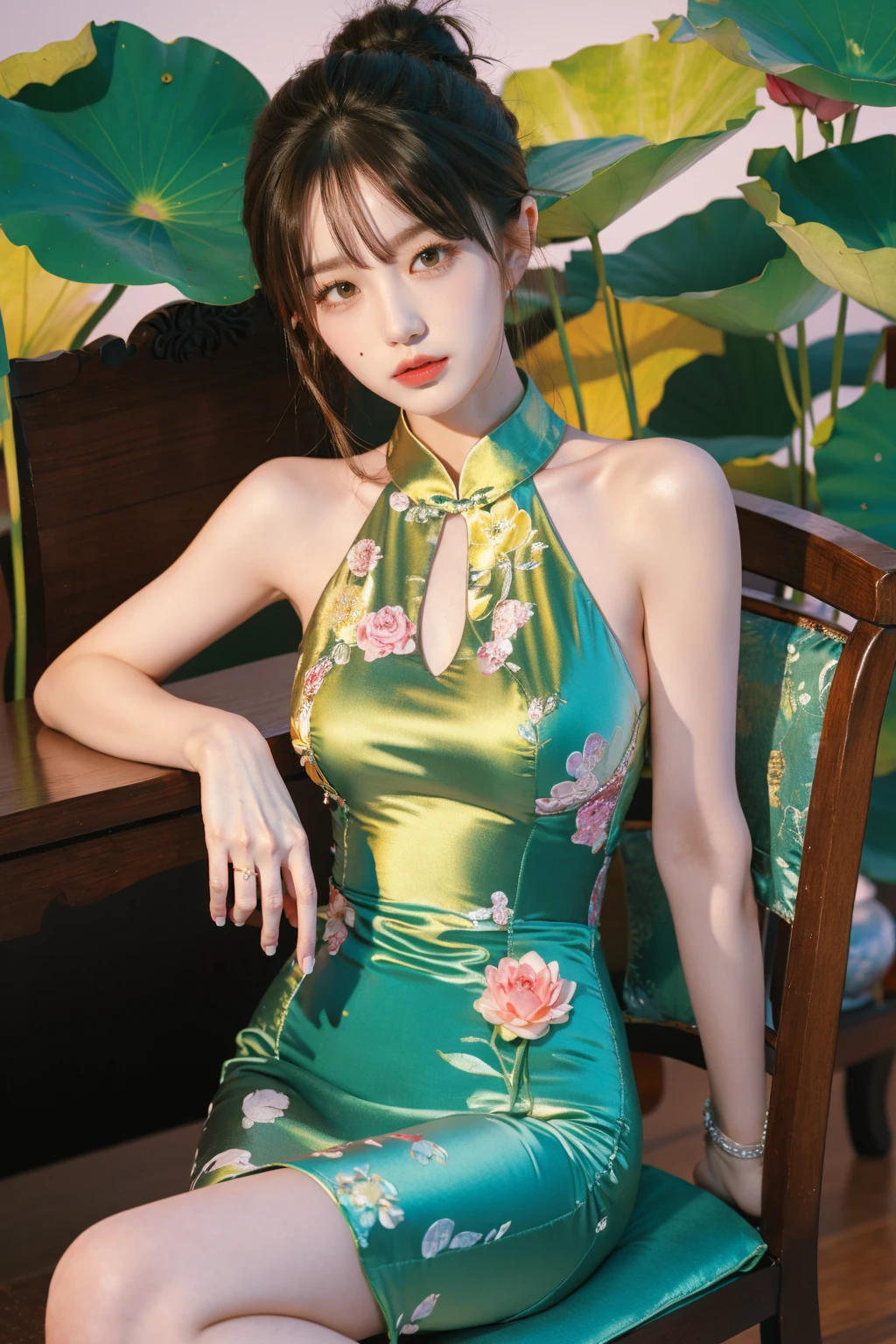 photorealistic,realistic,photography,masterpiece,best quality,ultra-detailed,extremely detailed CG unity 8k wallpaper,(reality: 1.4),1girl,solo,short hair,bangs,simple background,brown hair,black hair,dress,bare shoulders,closed mouth,flower,print dress,chinese clothes,chair,sleeveless dress,hair bun,lips,aqua dress,lily pad,lotus, <lora:Lotus:0.8>, (best quality:1.3)