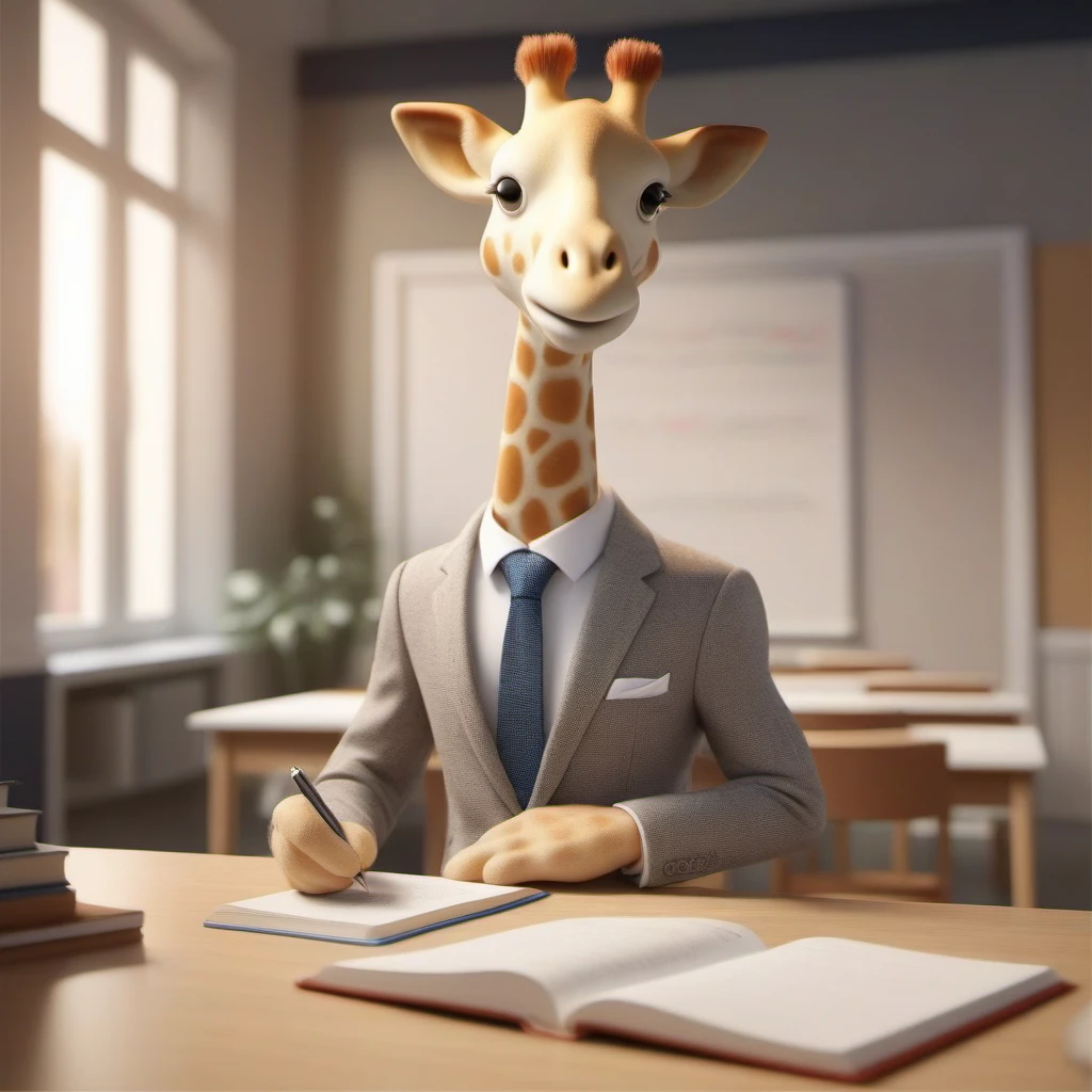 professional 3d model an  anthropomorphic giraffe animal in a suit as a teacher  in a classroom  <lora:Sophie1024:0.8> . octane render, highly detailed, volumetric, dramatic lighting