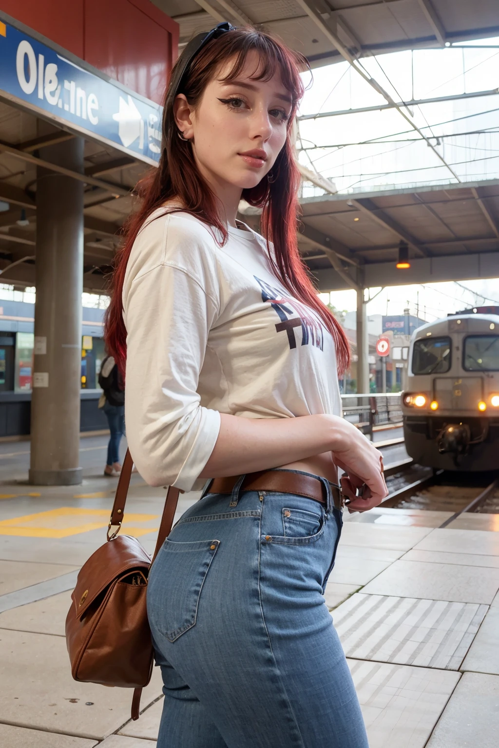 morgpie,a woman wearing Flannel shirt and relaxed jeans, train station,  <lora:morgpie:1>