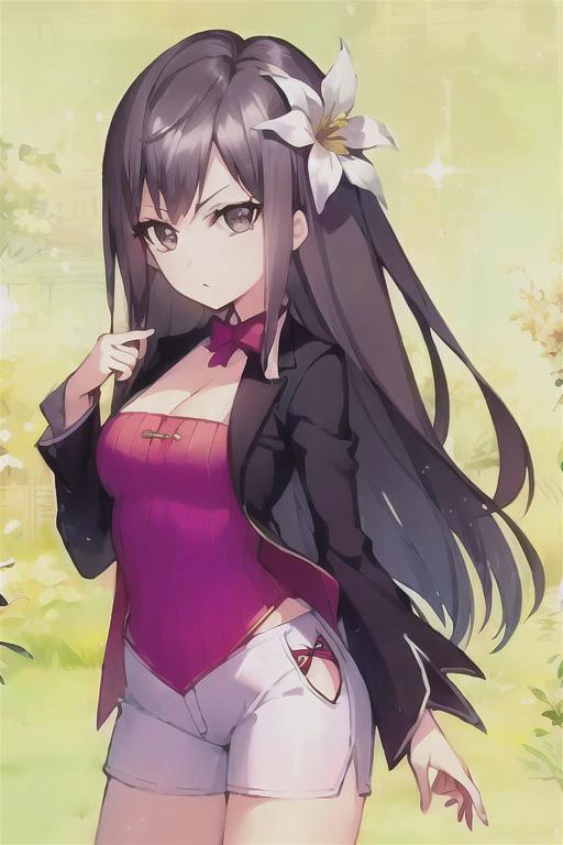 1girl, solo, flower, chibi, long hair, black hair, black eyes,white shorts, neckline, cleavage<lora:EMS-404670-EMS:2.000000>