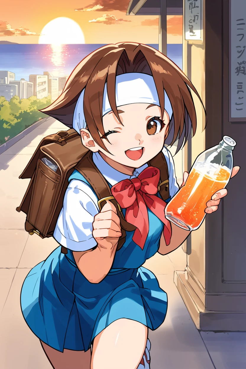 score_9, score_8_up, score_7_up, source_anime BREAK 1girl, solo, justice_hinata, school uniform, blue vest, short sleeves, red bowtie, blue skirt, brown backpack, brown hair, white headband, very short hair, brown eyes, one eye closed, looking at you, smile, open mouth, outstretched plastic bottle soft drink, holding plastic bottle soft drink, radiant sunset, school, outdoor <lora:justice_hinata:1>