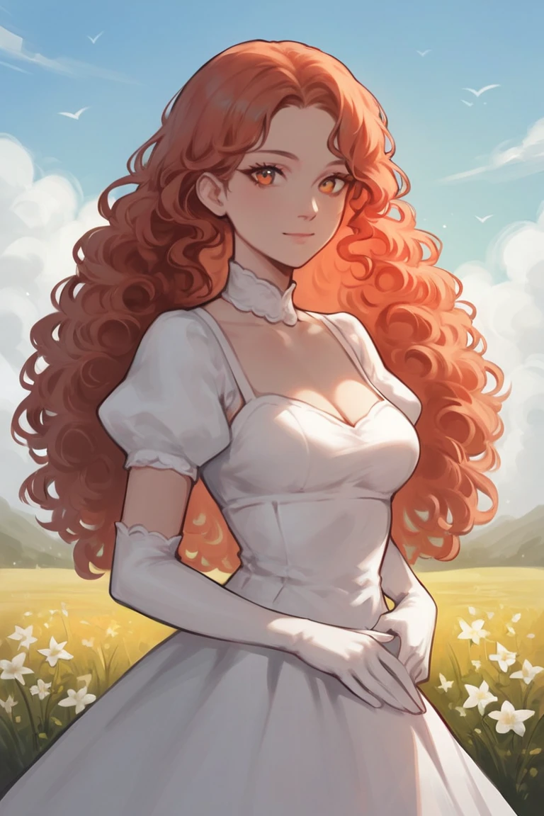score_9, score_8_up, score_7_up, rating_safe, 1girl, solo, long hair, curly hair, wavy hair, orange hair, orange eyes, looking at viewer, breasts, dress, white dress, puffy sleeves, puffy short sleeves, short sleeves, gloves, elbow gloves, white gloves, cowboy shot, closed mouth, standing, outdoors, field, flower, grass, plant, sky <lora:Smooth Style LoRA XL:0.7>
