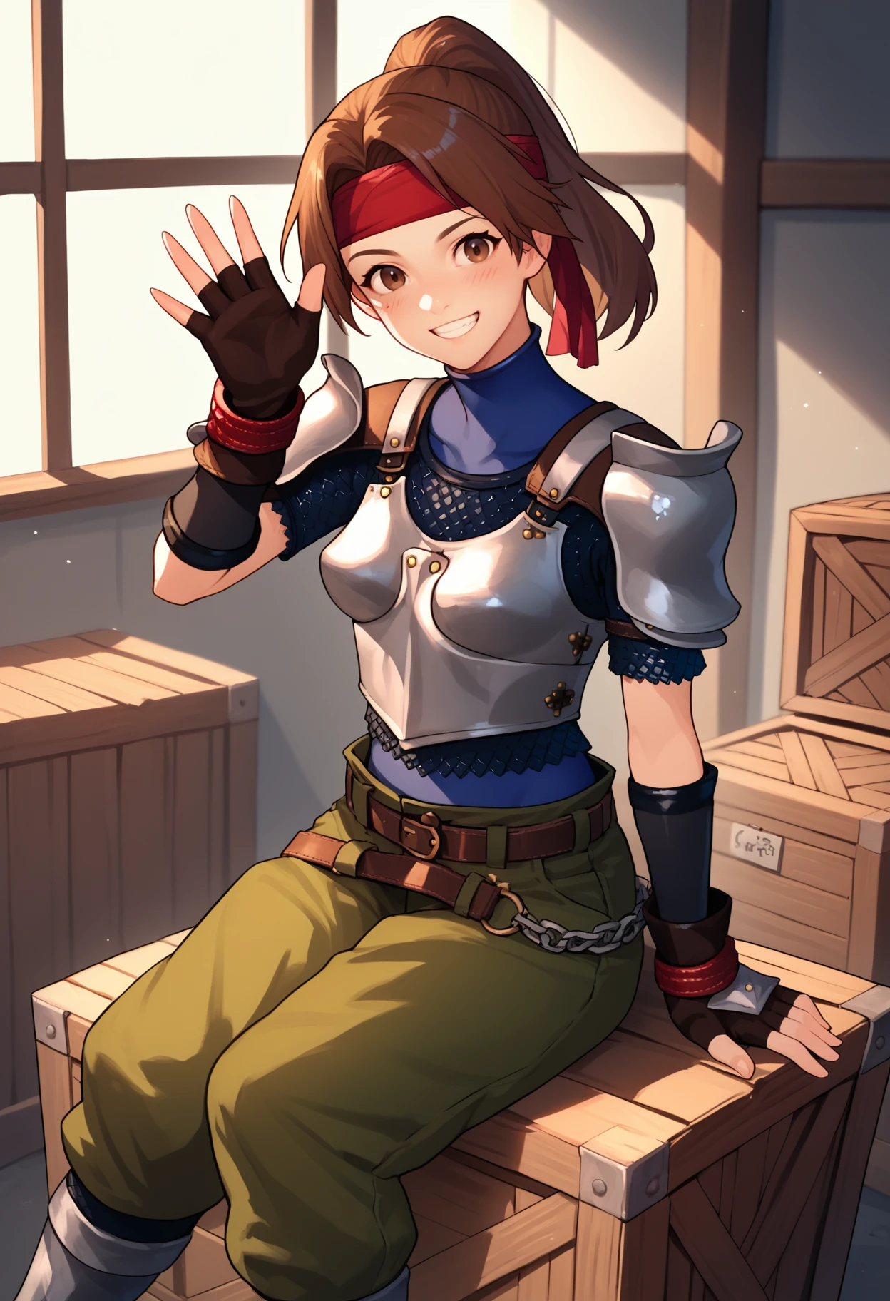 score_9, score_8_up, score_7_up, source_anime, 1girl, solo, JessieFF7, brown hair, brown eyes, ponytail, red headband, blue bodysuit, armor, chainmail, short sleeves, elbow gloves, fingerless gloves, belt, belt ouch, green shorts, baggy shorts, stud earrings, armored boots, sitting, crate, indoors, looking at viewer, waving, smile, teeth, happy, blush, <lora:jessieff7-ponyxl-beta3-08:1>