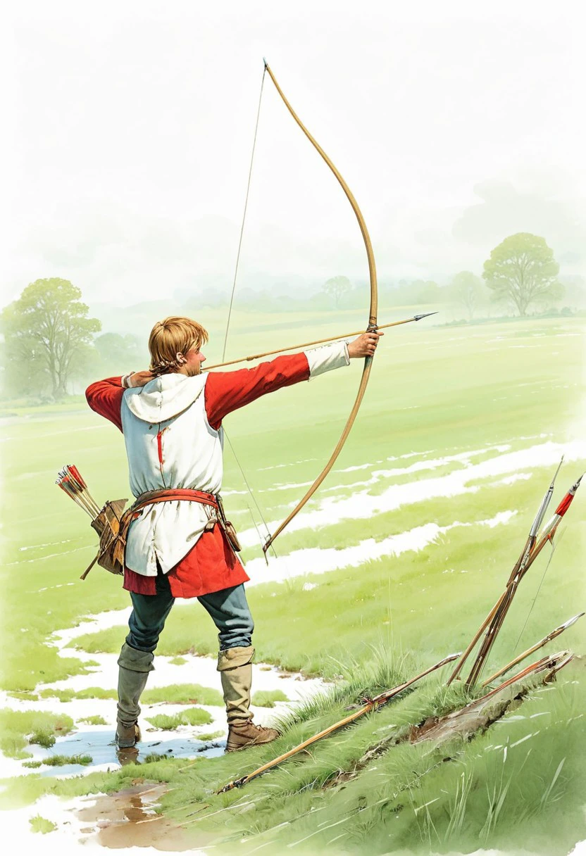 score_9, score_8_up, score_7_up, score_6_up, (solo), 1boy, score_5_up, score_4_up, three-quarter_view, (aiming_downrange:1), rear view, hyperdetailed, realistic, (medieval), (warbow:0.8), (longbow), (longbowman), (drawn bow), (drawn longbow), on a muddy battlefield, English, aiming, face, front, arrow_/(projectile/), solo_focus, standing, bowstring, belt_quiver, white gambeson, red and white tabard, drawing_bow, bow_/(weapon/), battle_spikes, grounded_arrows, historical,