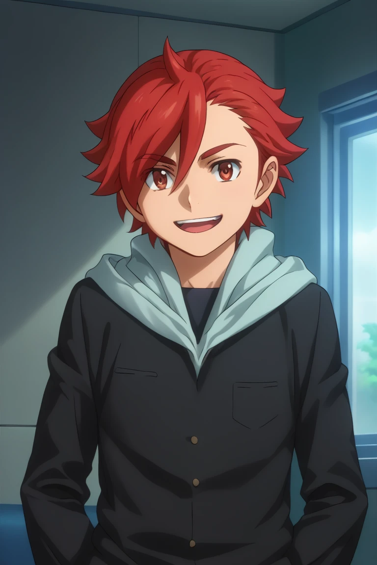 score_9, score_8_up, score_7_up, score_6_up, detailed, intricate details,cowboy shot,best quality ,source_anime, sekai kamiki, red hair, red eyes, hoodie, black jacket, 1boy, male focus, open mouth, smile, solo, looking at viewer, window, hood, :d, upper body<lora:EMS-408998-EMS:1.000000>