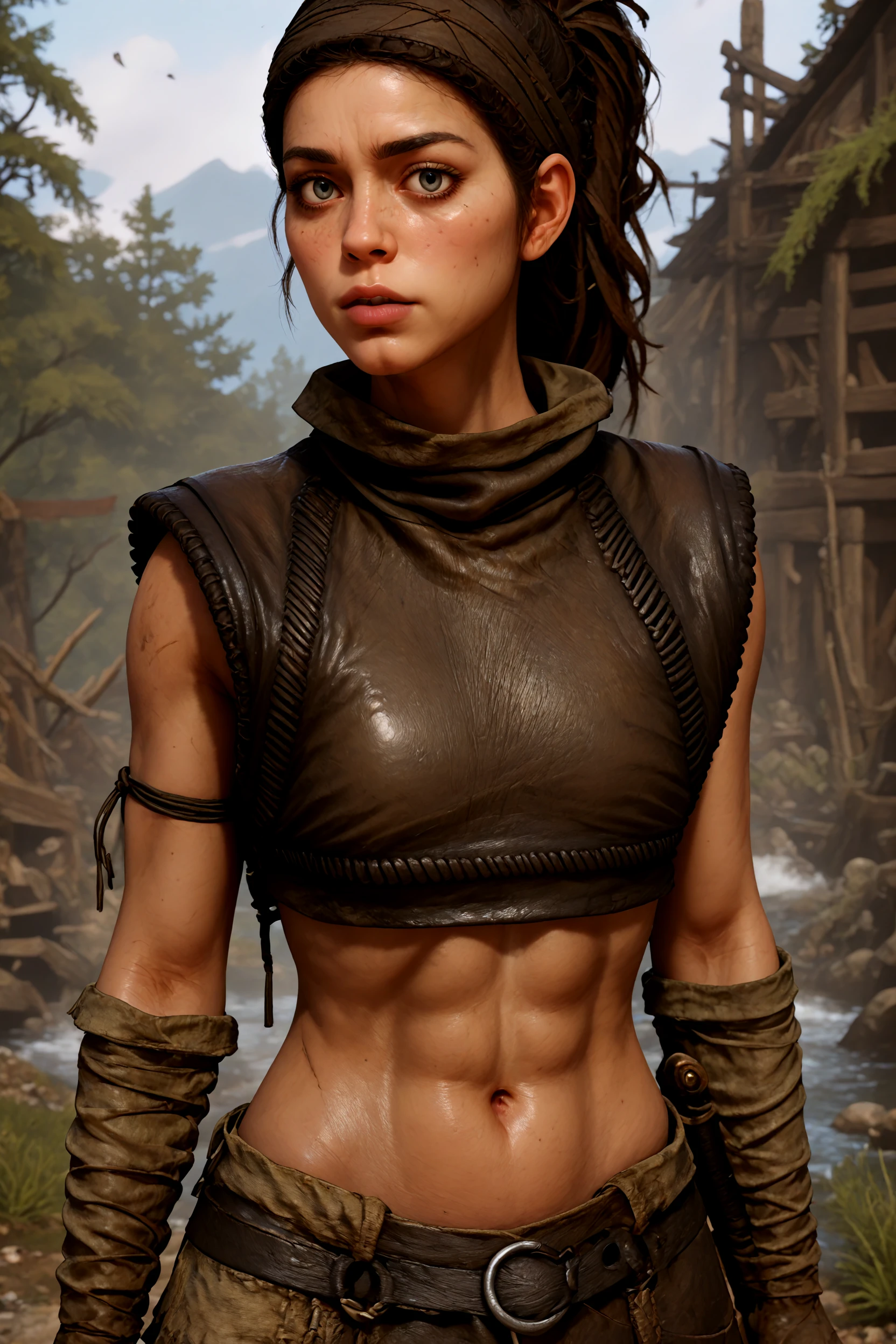 1 girl,  <lora:Senua2_lora:0.8> senua, brown hair,long hair,ponytail,armor,dirty face,looking at viewer,in a forest,midriff,abs,, <lora:detailed_notrigger:1> zPDXL2, PonyXLV6_Scores, <lora:Hyper-SDXL-8steps-lora:1>