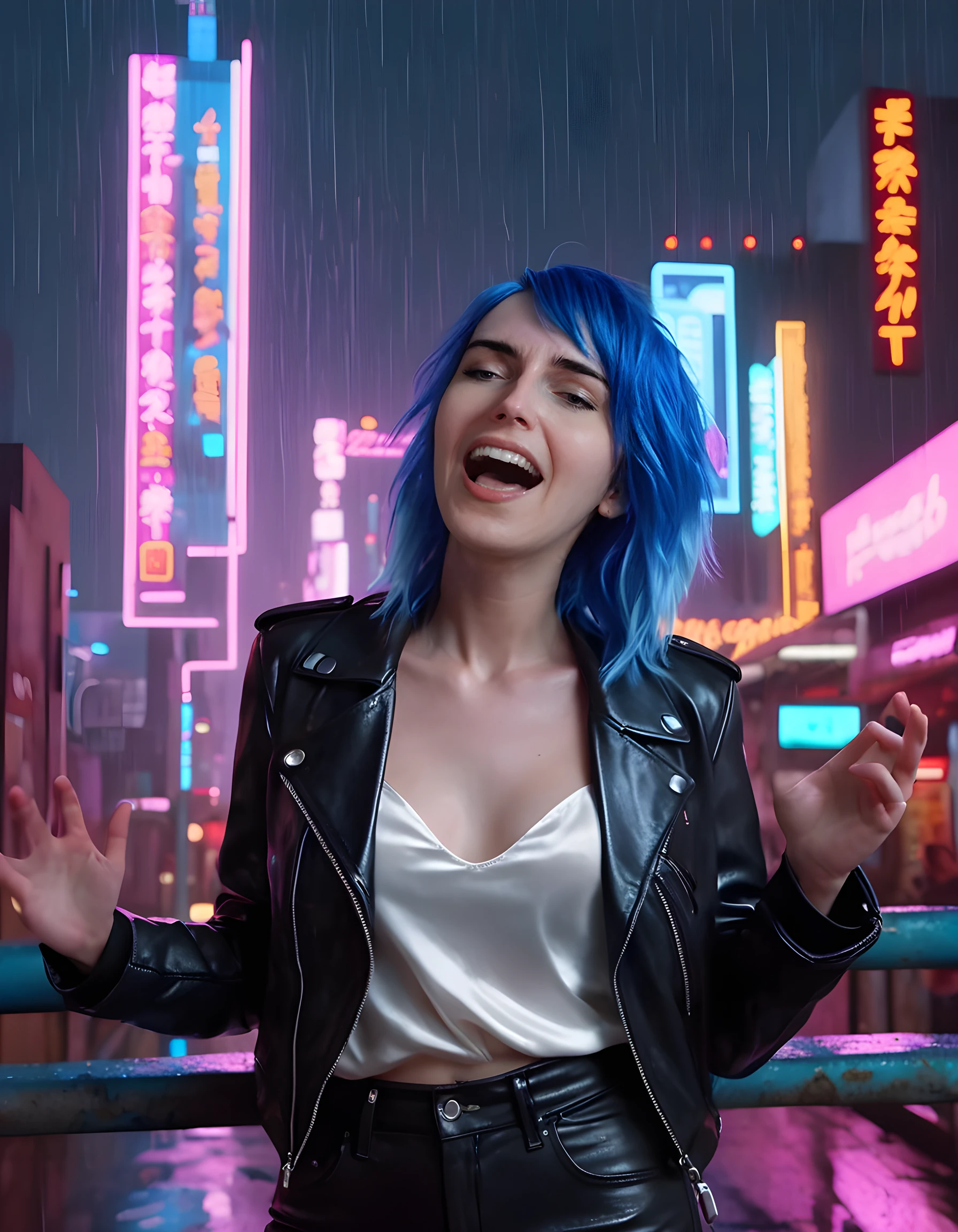 In a gritty, neon-lit cyberpunk cityscape at night, the captivating K41T is poised on the edge of a rooftop, her electric blue hair cascading down her back like a radiant waterfall. Dressed in a striking fusion of a white silk blouse and a black leather jacket, she exudes a sense of power and vulnerability as she waves animatedly with one hand, while the other clutches a sleek smartphone. Her mouth is slightly open in mid-laugh, her eyes sparkling with mischief and joy under the glowing neon signs. The background is filled with towering holographic advertisements, flickering rain, and the distant hum of hovercars, creating an emotionally charged and dynamic image that encapsulates the spirit of rebellion and resilience in a dystopian future.