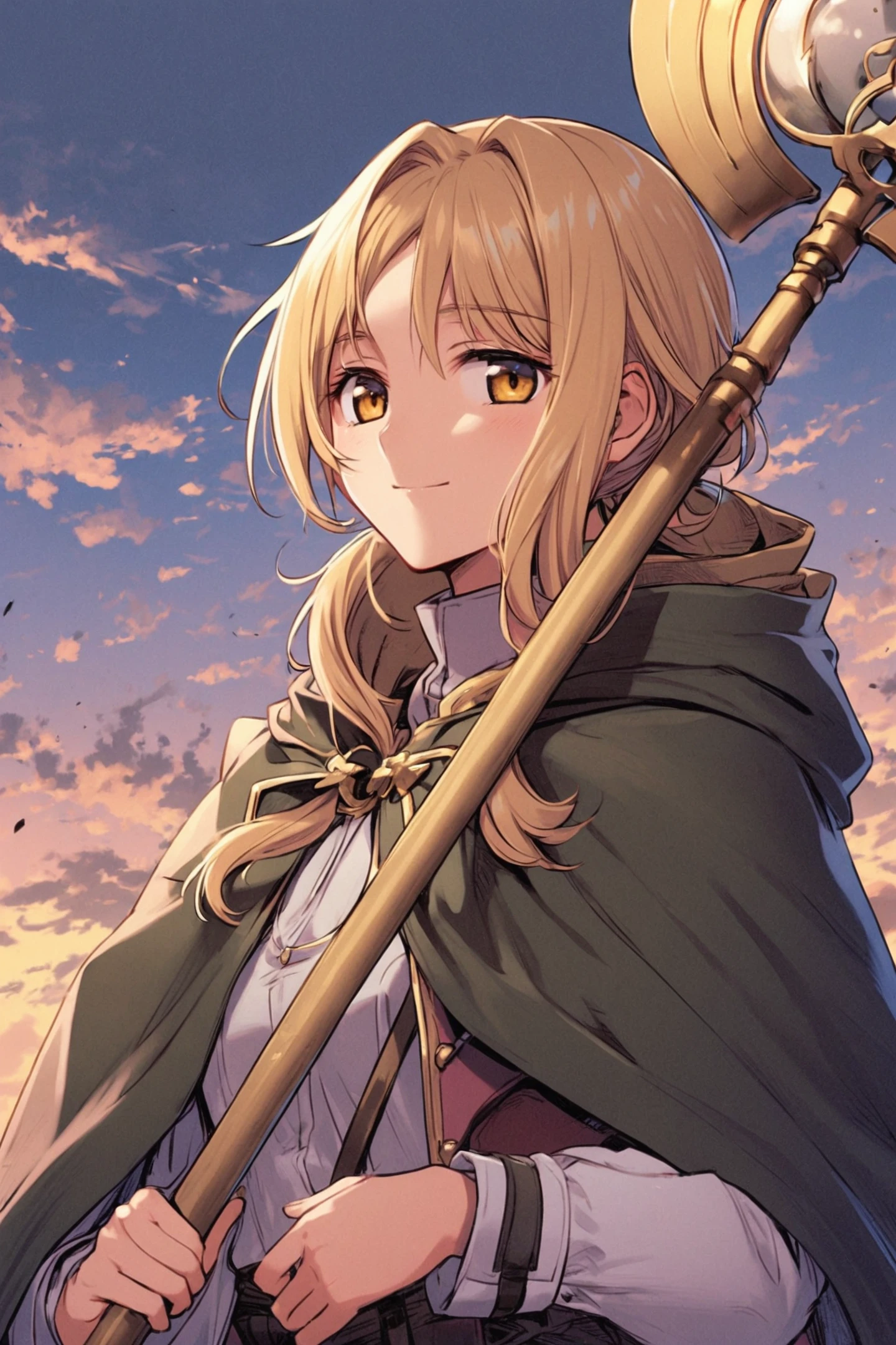 Norah Arendt,1girl,blonde hair,yellow eyes,hood,cloak,solo,holding,long sleeves,animal,cape,holding staff,sky,hood down,light smile,looking at viewer,cloud,
<lora:Koume Keito_XL:0.8>,