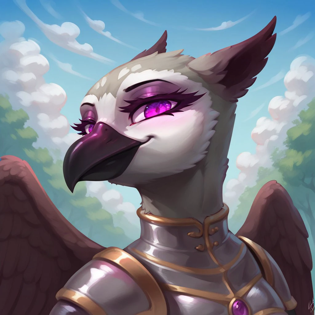 masterpiece, score_9, score_8_up, score_7_up, (best quality:1.1), ultra-detailed, high resolution, 1character, beak, wings, female, princess sköldsvärd, corrupted, jewelry, evil eyes, (((beautiful detailed purple eyes))), Long eyelashes, Looking At Viewer, Highly Visible, (((8k))), Source_anime, from Equestria at War glowing eyes, armor, griffon, solo, looking at viewer, feathery ears, day, perfect lighting, outdoors, detailed background, zPDXL2