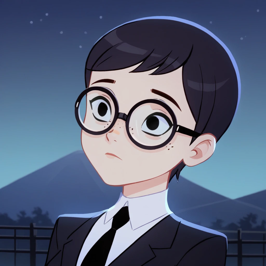 score_8_up, BREAK, JuliaArgent, 1girl, solo, Black hair, short hair, black eyes, freckles, black-framed eyewear, round eyewear, formal, black suit, white shirt, necktie, portrait, <lora:JuliaArgent_CarmenSandiego_PXL_Leaf1:1>, outdoors, night,