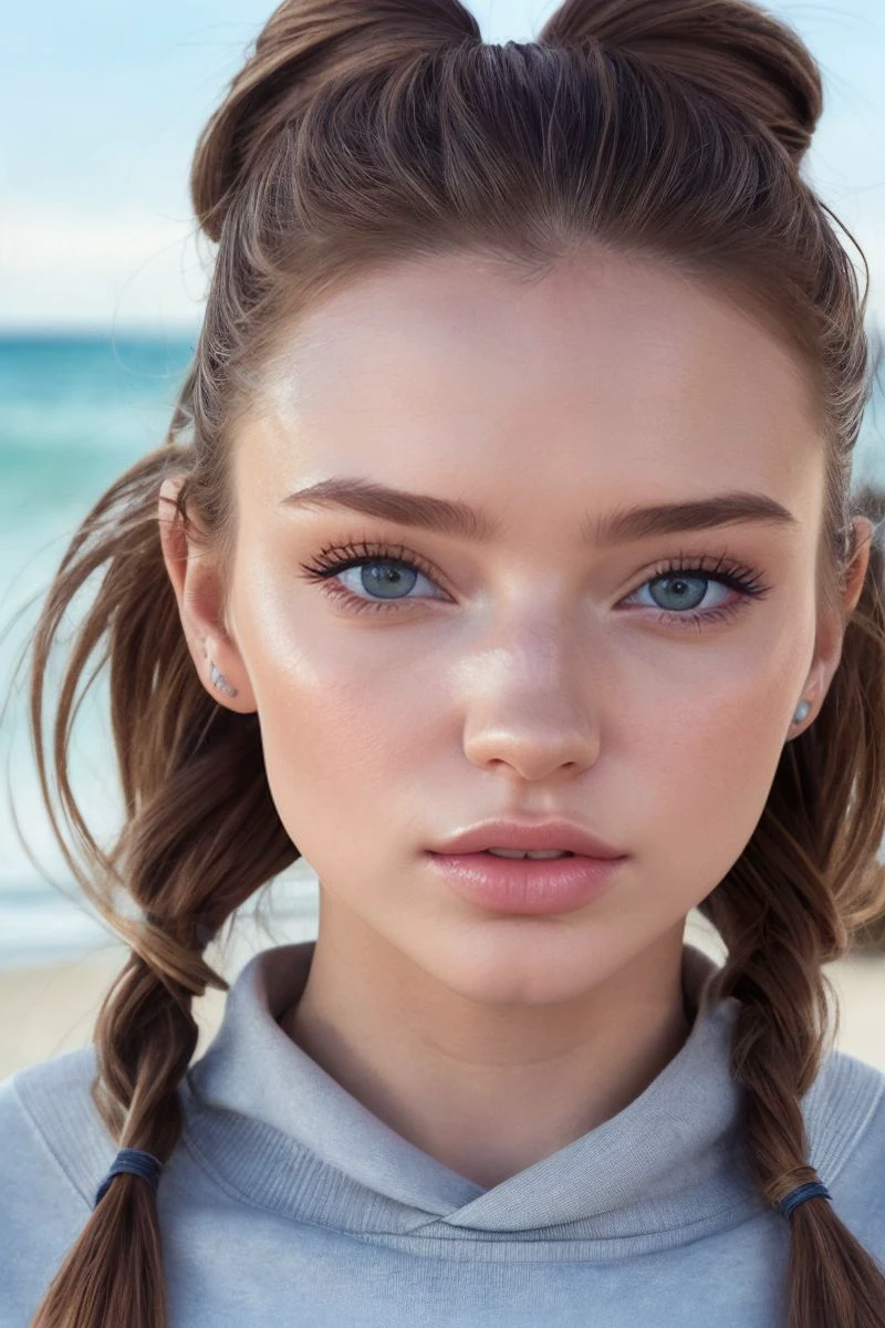 headshot of S455_DariaSergeeva,a gorgeous woman,on a (beach:1.1),wearing a (crewneck),(pigtails),(4k, RAW photo, best quality, 50mm, depth of field, ultra high res:1.1),(intricate, photorealistic, cinematic-shot, masterpiece, ultra-detailed:1.1),