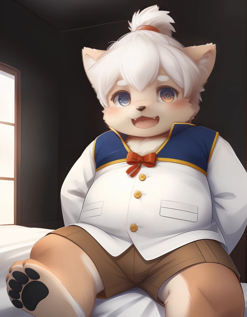 (((detailed eyes, detailed face))), (furry, masashi <lora:character_masashi_findigo_v2:1>, two-tone fur, white hair, dog boy, snout, (heterochromia, blue eyes), red eyes), male, (solo), (plump, fat, chubby, overweight), (white shirt, brown shorts), sitting, (arms behind back), smile, (front view) BREAK (konzaburou, ukan_muri), bedroom, (flat shading, high brightness), 8k, UHD, masterpiece, (full body)