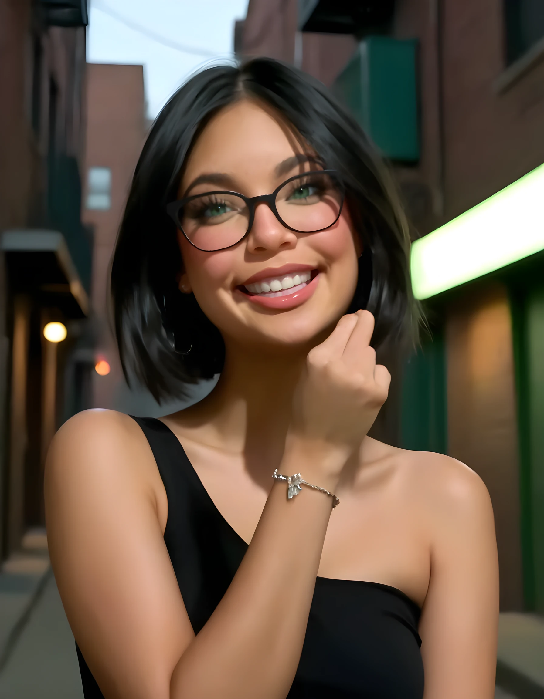 In a gritty, urban noir setting, a captivating woman named Shyanne, with her raven-black hair cascading over one shoulder, stands confidently against the backdrop of a dimly lit alleyway. Her eyes, a striking contrast of brown and green, are accentuated by round eyeglasses perched on her nose, while her gaze is softened by a subtle smile that plays on her lips. Her teeth flash white in the shadows as she gives an 'OK' sign with her own hands, clenched together at her waist. A single mole, like a star, sits just below her left eye, adding to her intriguing allure. Her short grey hair is styled in a chic crop, and she wears a fitted black shirt that hugs her slender frame. A collection of unique jewelry adorns her neck and wrists, catching the faint light from a nearby neon sign, casting a kaleidoscope of colors across her features. The image is captured at an angle that emphasizes her strength and resilience, with the contrast between the harsh surroundings and Shyanne's elegant outfit creating a striking juxtaposition that speaks to her unwavering spirit in the face of adversity.