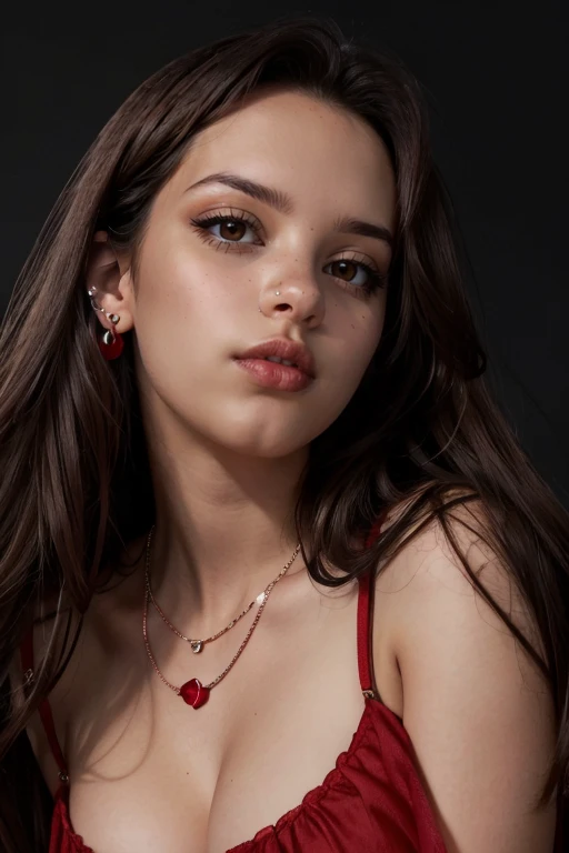 <lora:Carly:.7>, seductive expression, expressive , upper body, at front, portrait, simple background, dark background,  <lora:GoodHands-vanilla:0.8> better_oppai, medium breasts, , long hair, Ivory tightline eyeliner, earrings, necklace, Rose Red  sheer lipstick , Valentine Pink blouse