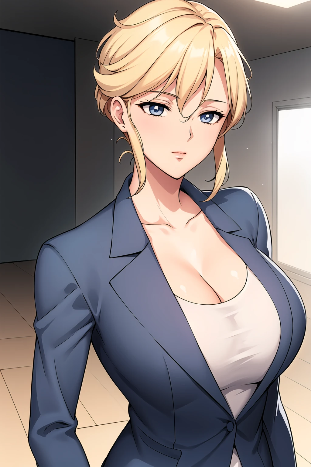 Simple Background,White Background,
dynamic pose,standing at attention,
white jacket,white shirt, collarbone, cleavage, long sleeves, 
<lora:Sailor_Uranus-KK77-V1:0.7>,business suit, office lady, 
blue eyes, blonde hair,bangs,Short hair,Makeup, red lipstick, 
<lora:more_details:0.1>,<lora:Oda_Non_Style-KK77-V2:0.3>,<lora:Sexy_AIart-KK77-V1:0.3>,
1 girl, 20yo,Young female,Beautiful long legs,Beautiful body,
Beautiful Nose,Beautiful character design, perfect eyes, perfect face,expressive eyes,perfect balance,
looking at viewer,(Focus on her face),closed mouth, (innocent_big_eyes:1.0),(Light_Smile:0.3),
official art,extremely detailed CG unity 8k wallpaper, perfect lighting,Colorful, Bright_Front_face_Lighting,White skin,
(masterpiece:1.0),(best_quality:1.0), ultra high res,4K,ultra-detailed,
photography, 8K, HDR, highres, absurdres:1.2, Kodak portra 400, film grain, blurry background, bokeh:1.2, lens flare, (vibrant_color:1.2),professional photograph,
(Beautiful,large_Breasts:1.4), (beautiful_face:1.5),(narrow_waist),